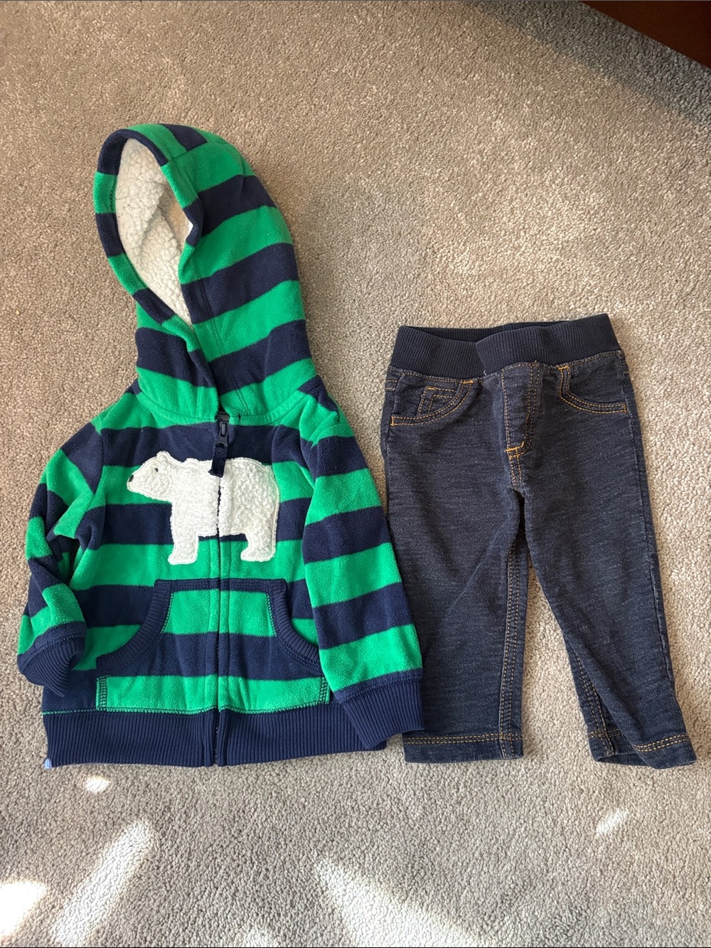 Green & Navy Striped Hooded Jacket with Polar Bear with denim pants